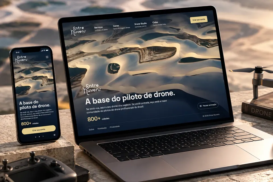 Notebook e celular com o site da Entre Nuvens numa mesa, com imagens aéreas de dunas na tela e um drone ao lado