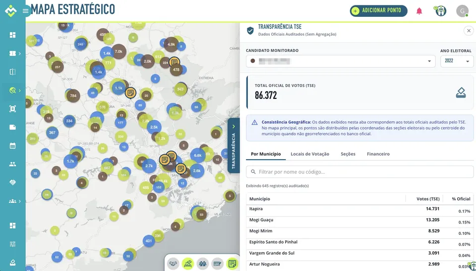 Mapa estratégico do Gab.Territory com os votos por local de votação
